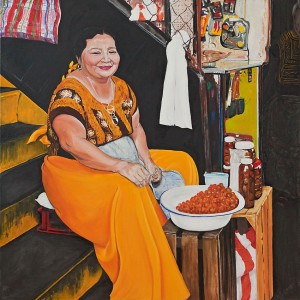 Kolme naista kauppahallissa -öljyvärityö kertoo vahvoista naisista. Kuvan matriarkka istuu juuri sen kauppahallin portailla, josta Frida Kahlo osti pukunsa.