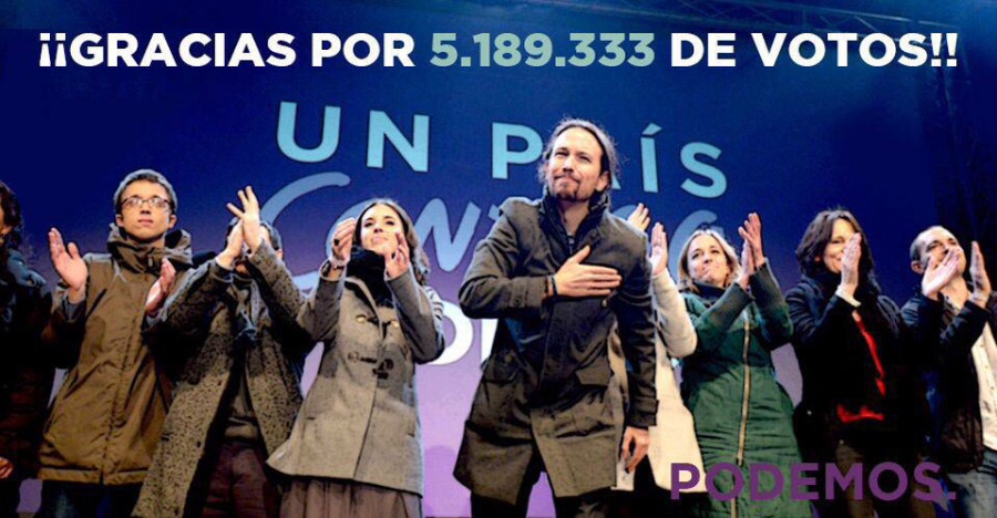 Tällä kuvalla Podemos kiittää 5 189 333 äänestäjäänsä yhteisöpalvelu Twitterissä.