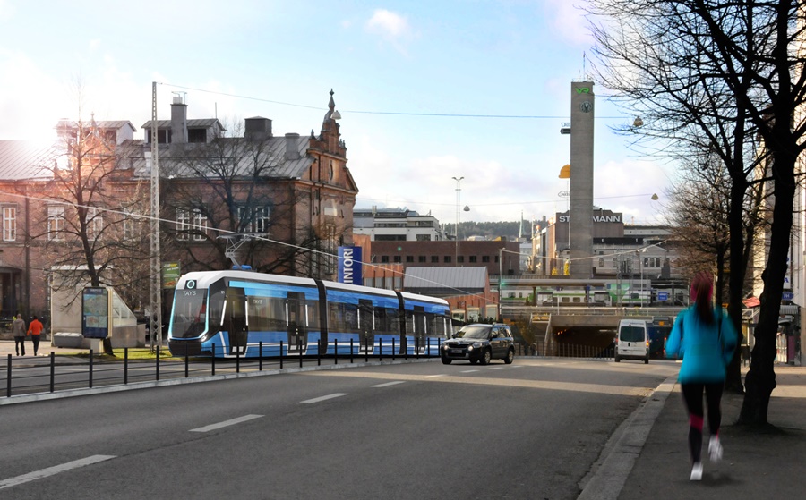Raitiovaunu ja henkilöauto Itsenäisyydenkadulla (kuva: Tampereen kaupunki/IDIS Design Oy)