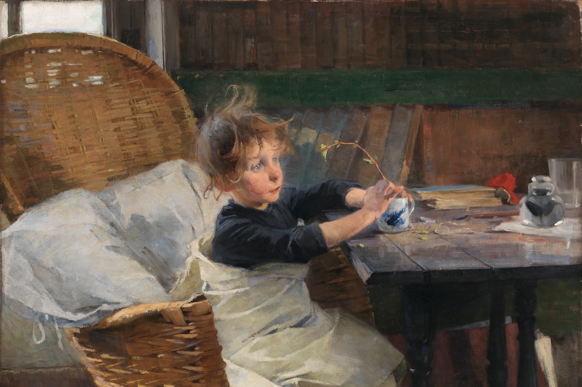 Helene Schjerfbeckin maalaus "Toipilas". Nuori taudista parantuva tyttö istuu pöydän ääressä ja leikkii oksalla.