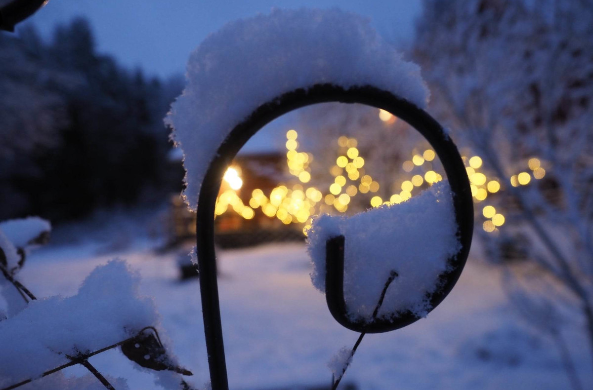 Lähikuva lumesta rautaisen portinosan päällä