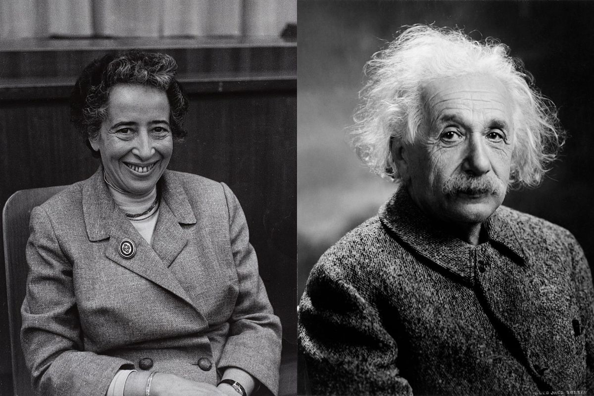 Hanna Arentin ja Albert Einsteinin mustavalkoiset puolikivat rinnakkain.